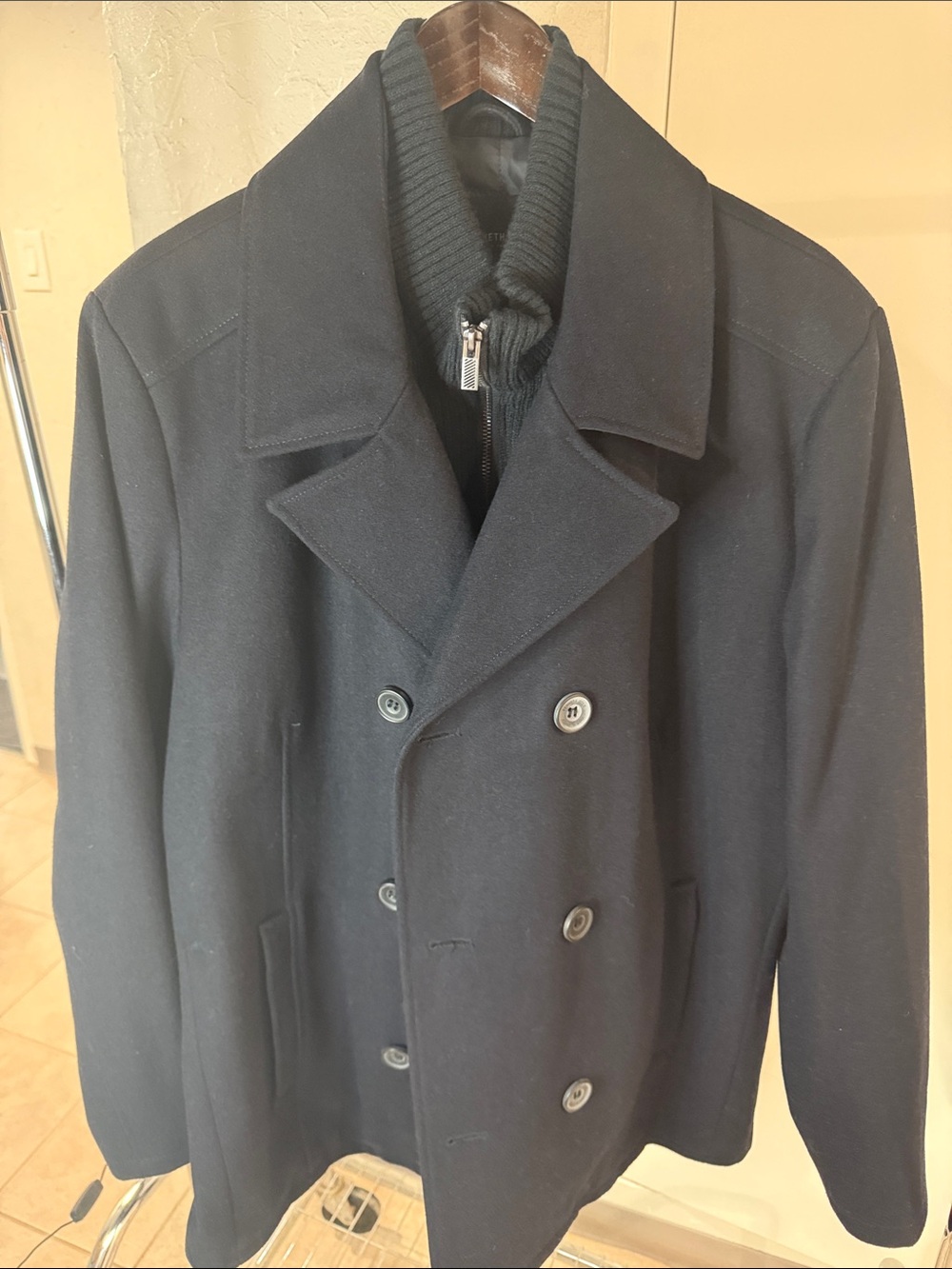 Kenneth Cole Black Double-Breasted Peacoat with Knit Zip Collar